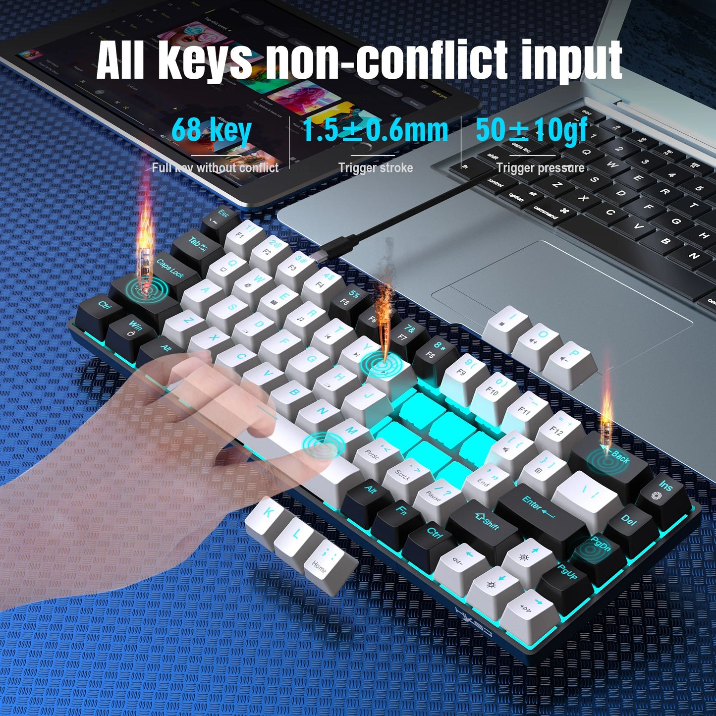 Ergonomische Gaming-Tastatur – 68 Keys mit LED & Blue Switches