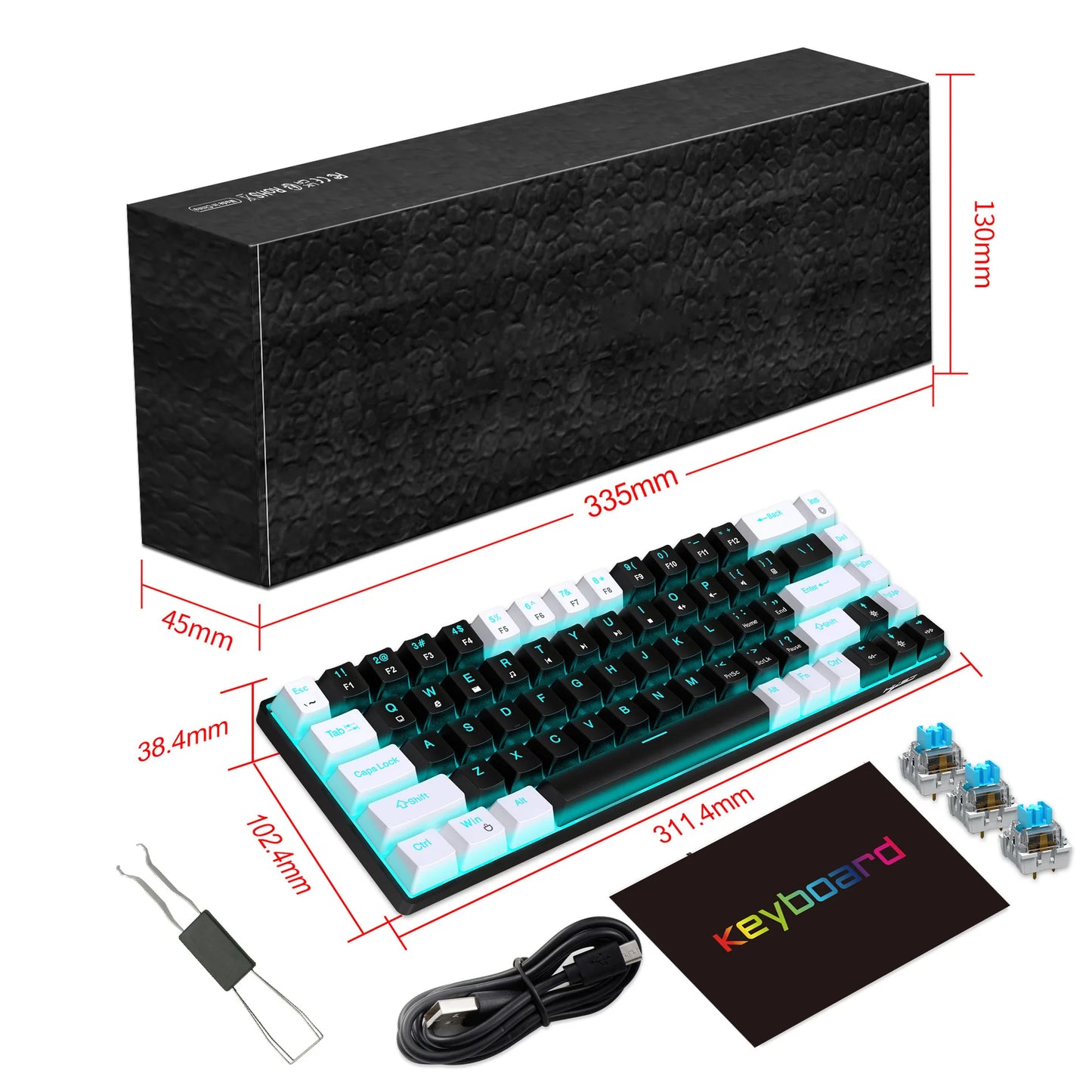 Ergonomische Gaming-Tastatur – 68 Keys mit LED & Blue Switches