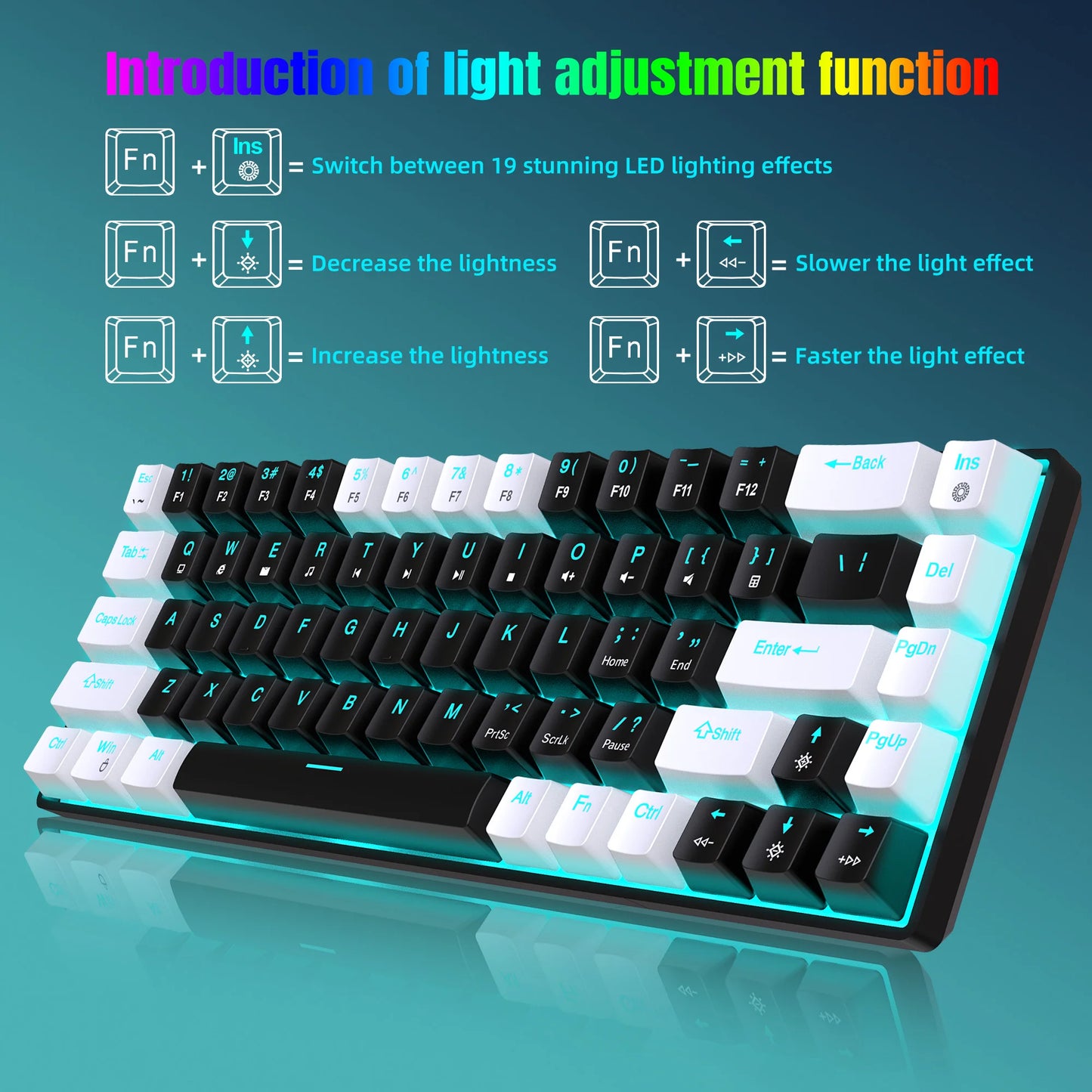 Ergonomische Gaming-Tastatur – 68 Keys mit LED & Blue Switches