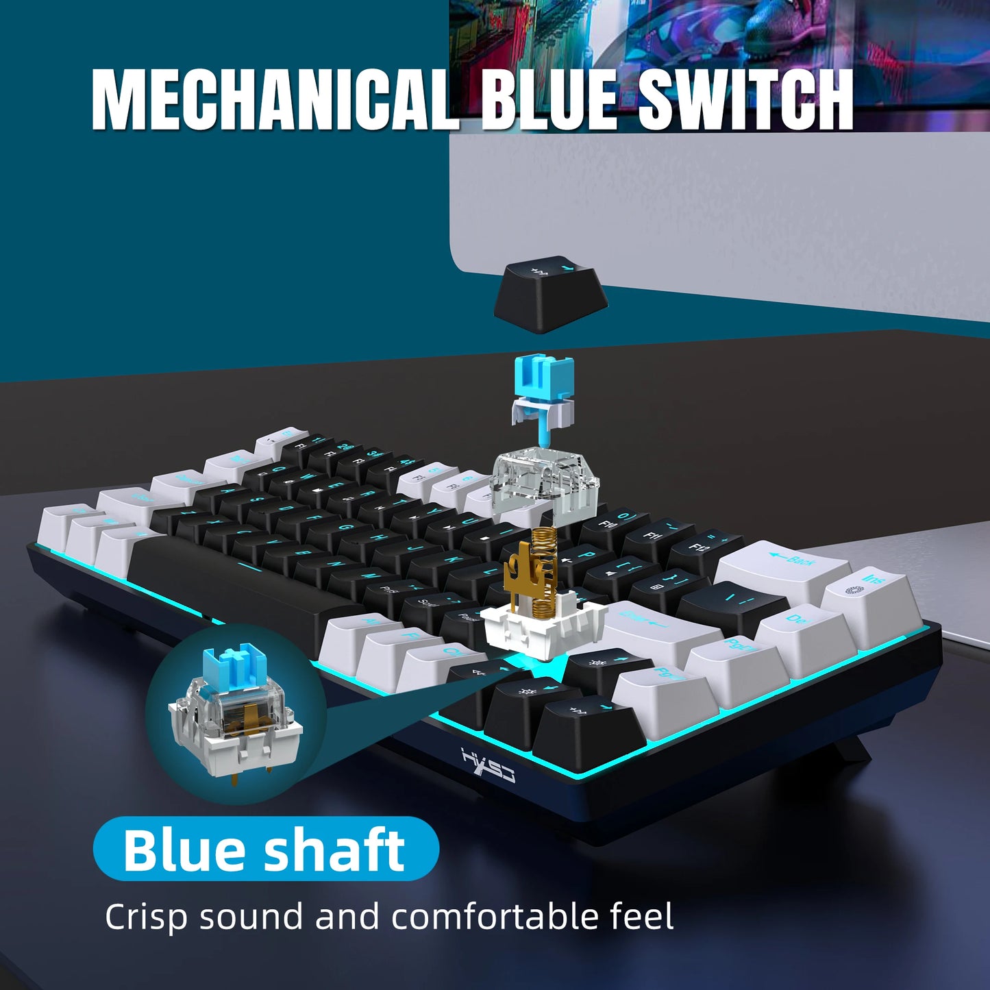 Ergonomische Gaming-Tastatur – 68 Keys mit LED & Blue Switches