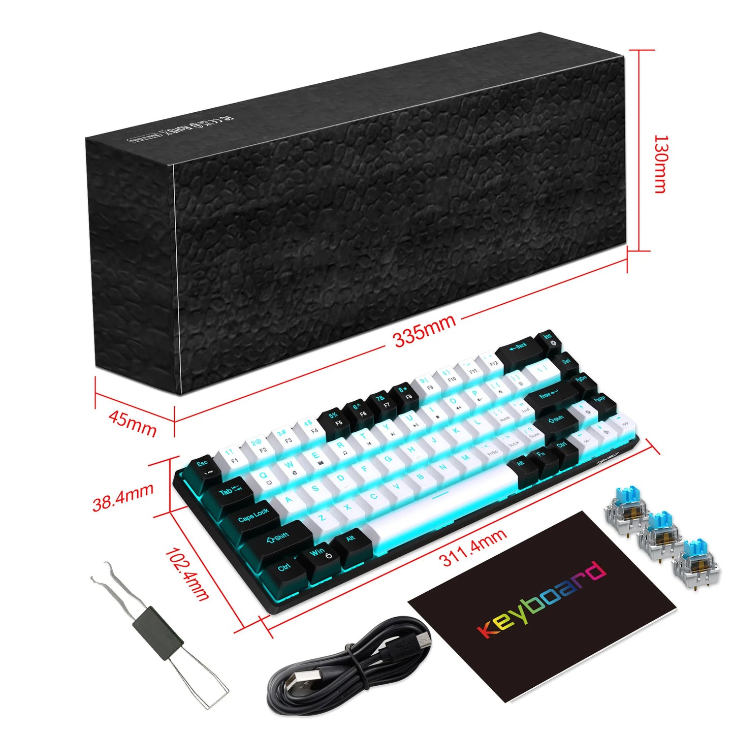 Ergonomische Gaming-Tastatur – 68 Keys mit LED & Blue Switches