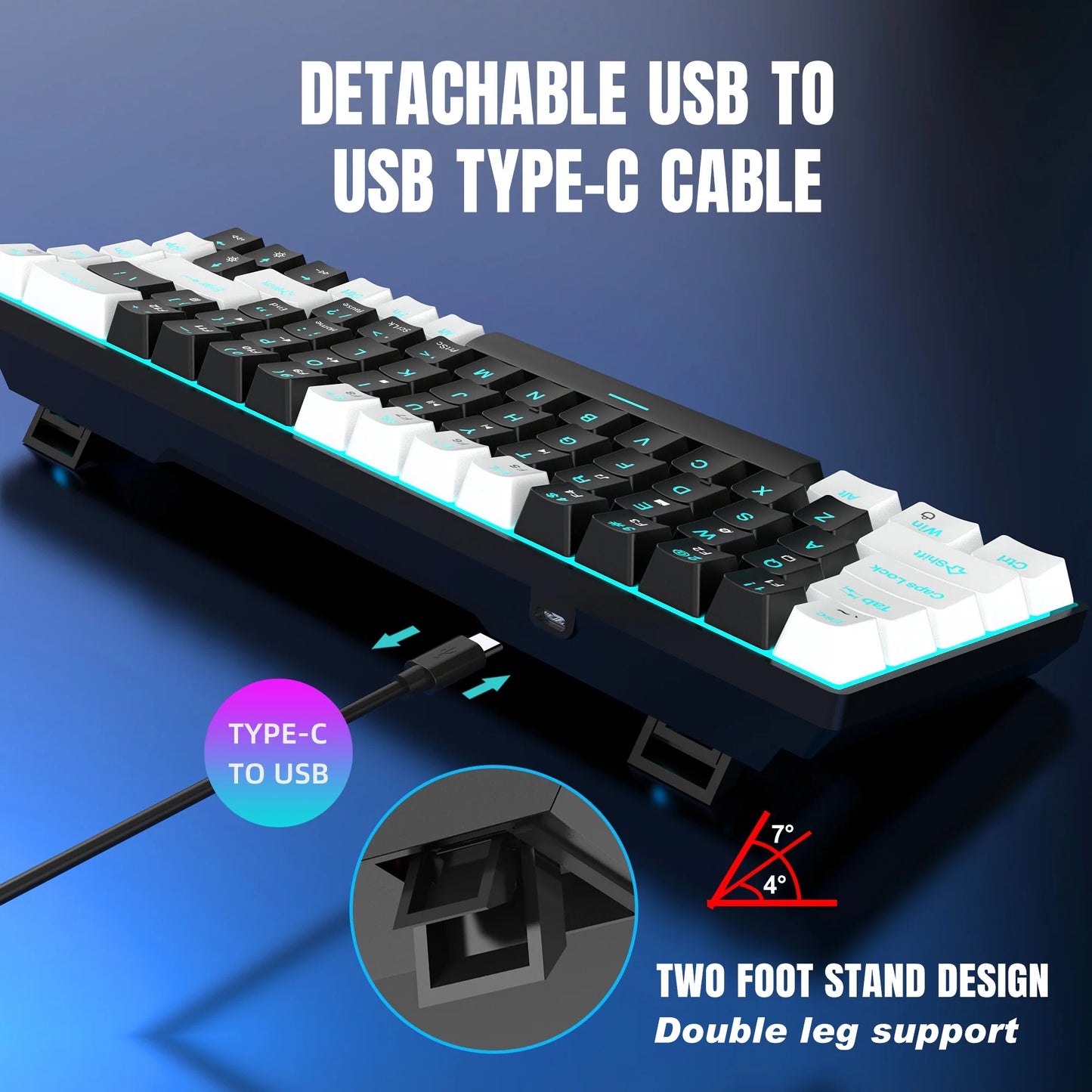 Ergonomische Gaming-Tastatur – 68 Keys mit LED & Blue Switches