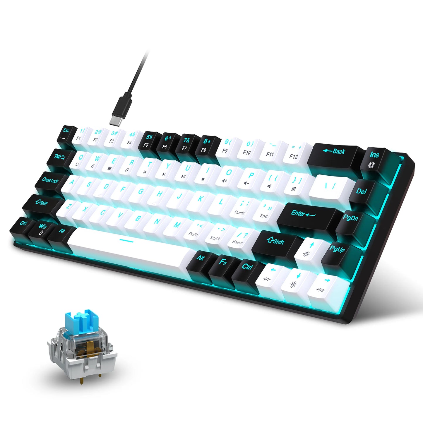 Ergonomische Gaming-Tastatur – 68 Keys mit LED & Blue Switches